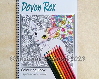 DEVON REX cat art colouring coloring book PHYSICAL A4 original design from paintings and artwork by Suzanne Le Good