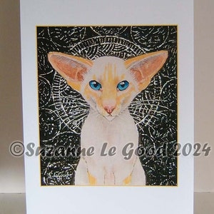 Può includere: Un dipinto ad acquerello che rappresenta un gatto siamese bianco con gli occhi azzurri. Il gatto guarda direttamente lo spettatore con un'espressione seria. Lo sfondo è un motivo bianco e nero.