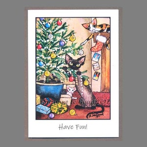 Devon Rex Katze Kunstmalerei Weihnachtskarten glitzernde Packung mit 6 Weihnachtsbaum Originaldesign exklusiv von Suzanne Le Good