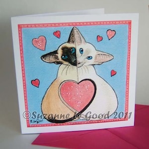 Siamois Cat art peinture Carte de Saint-Valentin de la peinture originale Valentines Day, cœur scintillant par l’artiste anglaise Suzanne Le Good