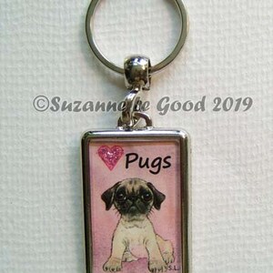 PUG dog Keyring, keychain, handbag charm with print from original painting by Suzanne Le Good image 2