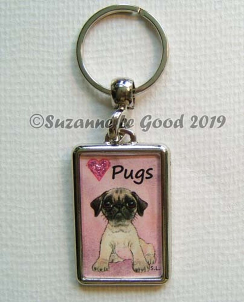 PUG dog Keyring, keychain, handbag charm with print from original painting by Suzanne Le Good image 2