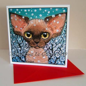 Devon Rex Katze Kätzchen Weihnachtskarte von original Gemälde, funkelnd, Schnee, Glitzer, von der englischen Künstlerin Suzanne Le Good