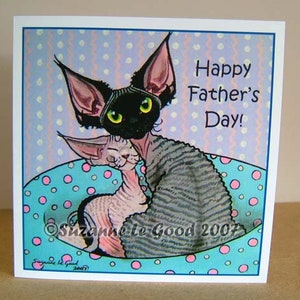 Carte de fête des pères Devon Rex chat chaton art de la peinture originale stylisée, fumée noire, lilas, par l’artiste anglais Suzanne le Good
