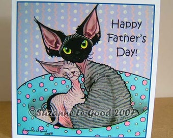 Devon Rex cat kitten art Father's Day card from original painting stylised,  black smoke, lilac,  by English artist Suzanne Le Good