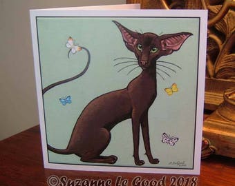 Oriental Havana Cat Butterflies art card all occasions from original painting by English artist Suzanne Le Good