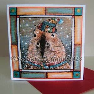 Capibara kunst kerstkaart glitters van origineel schilderij exclusief van de Engelse kunstenaar Suzanne Le Good vierkant formaat SuzannesGallery