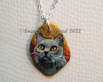 British Blue Shorthair cat art painting pendant necklace jewellery sea slate pebble stone rock original by Suzanne Le Good