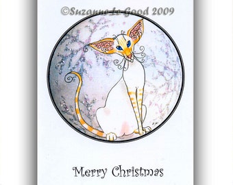 Siamese cat art painting Glittery Christmas Cards redpoint pack of 6  by Suzanne Le Good