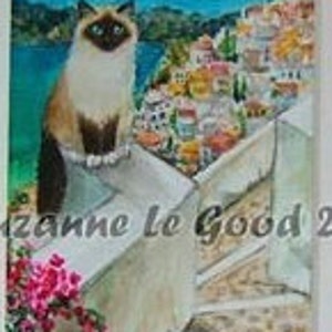 Birman Cat art ACEO Santorini Greece Limited Edition mounted print from original painting by Suzanne Le Good image 3