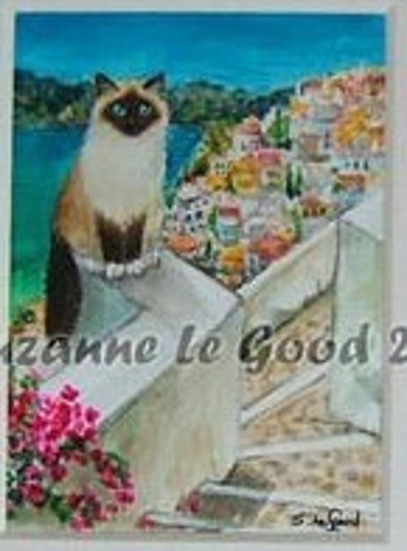 Birman Cat art ACEO Santorini Greece Limited Edition mounted print from original painting by Suzanne Le Good image 3