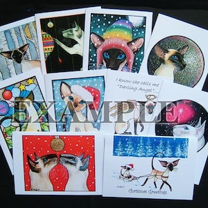 Siamese kattenkunst kerstkaarten schilderij, set van 10 gemengd, verscheidenheid, glitter, door Suzanne Le Good