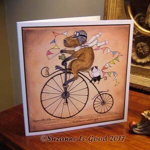 Cochon d’Inde et Capybara carte de vœux Pennyfarthing bicyclette toutes occasions de peinture originale de l’artiste anglaise Suzanne Le Good