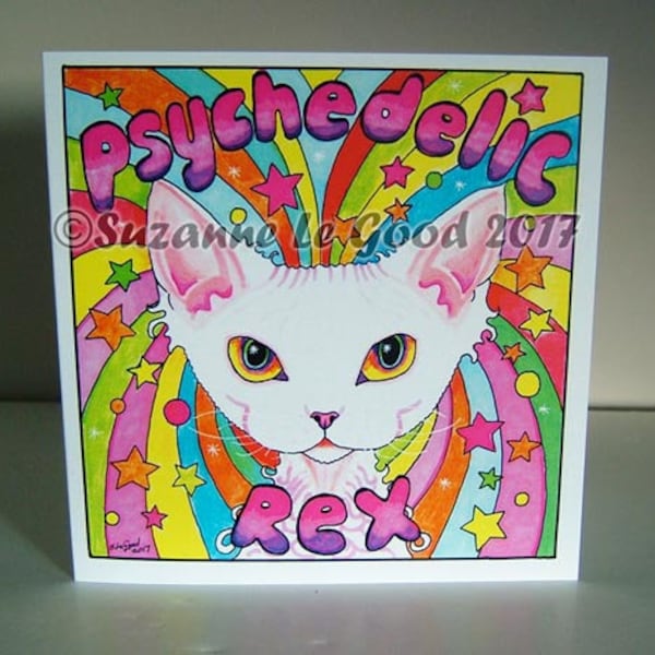 Devon Rex cat art greetings card psychedelic, original design by English artist Suzanne Le Good