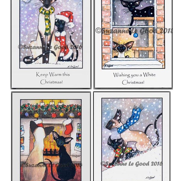 8 Mixed Siamese and Oriental Cat art painting Christmas cards holiday by Suzanne Le Good