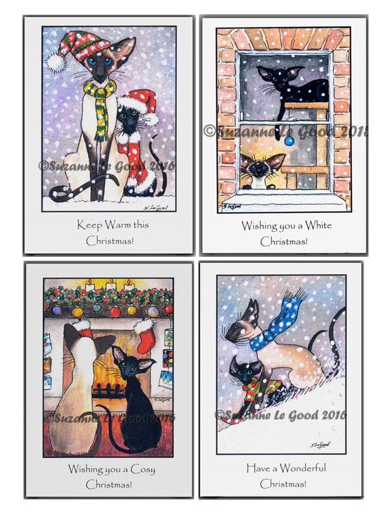 8 Mixed Siamese and Oriental Cat art painting Christmas cards holiday by Suzanne Le Good image 1