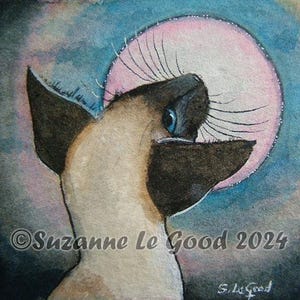 Siamese cat moon art painting framed watercolour original hand painted by English artist Suzanne Le Good