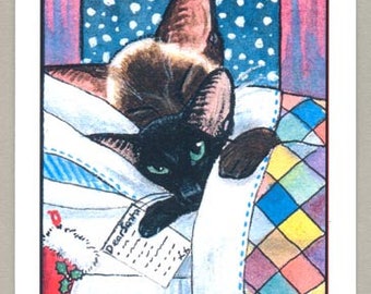 Siamese Oriental Cat art Christmas Cards pack of 6 from original ACEO painting by Suzanne Le Good