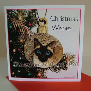 Siamese kat kitten kunst kerstkaart van origineel schilderij, sprankelend, glitter snuisterij sealpoint door Engelse kunstenaar Suzanne Le Good