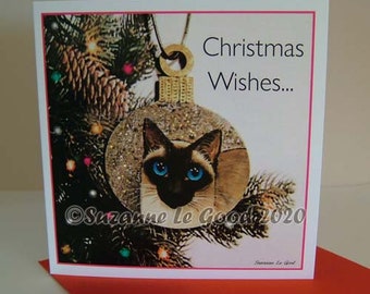 Siamese cat kitten art Christmas card from original painting, sparkling, glitter bauble sealpoint by English artist Suzanne Le Good