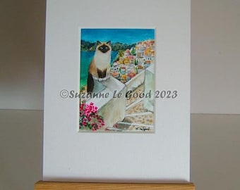Birman Cat art ACEO Santorini Greece Limited Edition mounted print from original painting by Suzanne Le Good