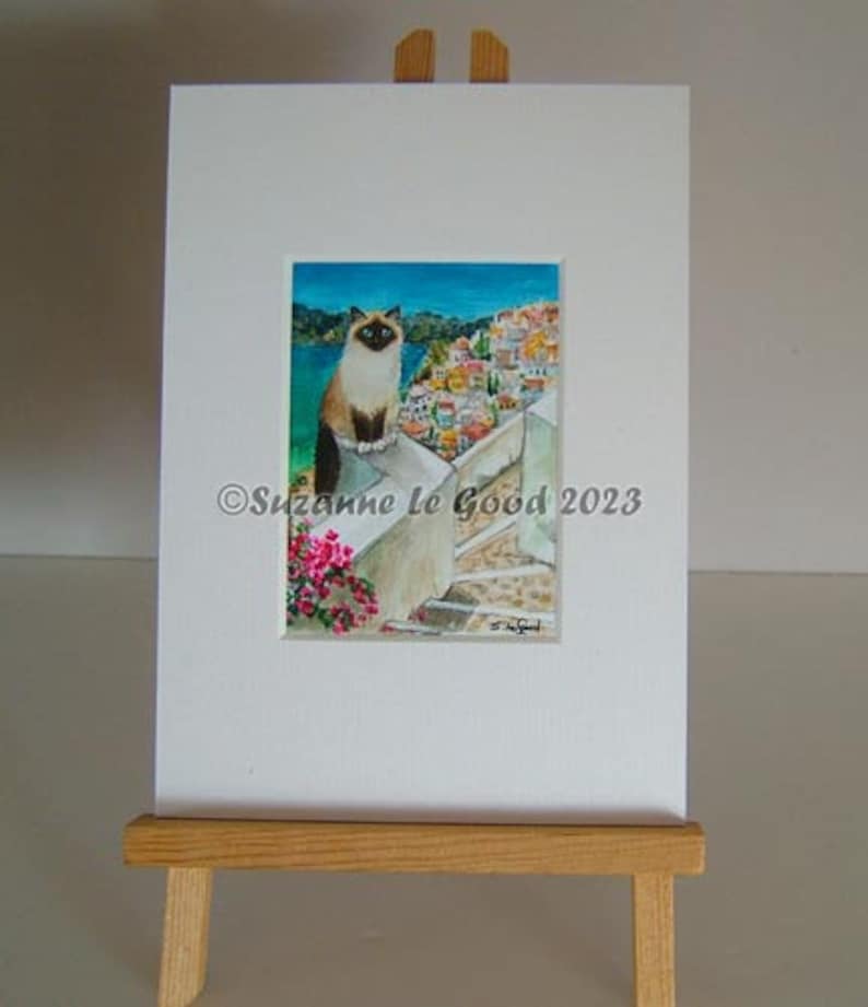 Birman Cat art ACEO Santorini Greece Limited Edition mounted print from original painting by Suzanne Le Good image 1