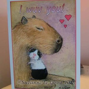 Gran guinea pigtín y capibara pintura Arte Pequeño y grande tarjeta de San Valentín hecha a mano por la artista inglesa Suzanne Le Good