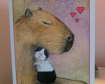 Large GUINEA PIG and CAPYBARA painting Art Little and Large hand made Valentines card by English artist Suzanne Le Good