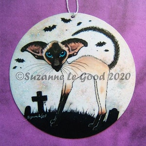 Siamese kat Halloween-bord, maan, vleermuizen, grafstenen, spookachtig, hangend bord, van origineel schilderij, gelamineerde kaart door Suzanne Le Good