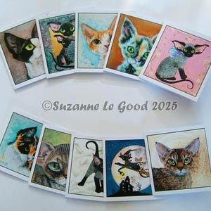 Pak met 10 geassorteerde Devon Rex-wenskaarten, originele ontwerpen van schilderijen van Suzanne Le Good