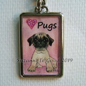 PUG dog Keyring, keychain, handbag charm with print from original painting by Suzanne Le Good image 1