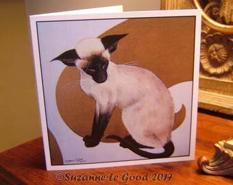 Siamese Cat sealpoint art greetings card all occasions from original painting by English artist Suzanne Le Good