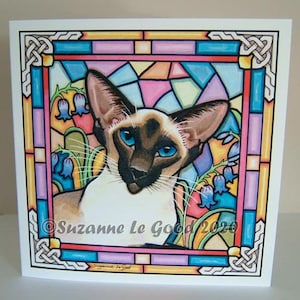 Siamese Cat kunst schilderen verjaardag groeten kaart glas-in-loodraam stijl origineel ontwerp van de Engelse kunstenaar Suzanne Le Good