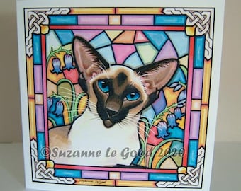 Siamese Cat art painting birthday greetings card stained glass window style original design by English artist Suzanne Le Good