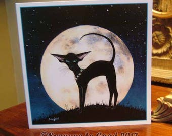 Oriental Black Ebony Cat Moon art greetings card glitter all occasions from original painting by English artist Suzanne Le Good