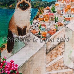 Birman Cat art ACEO Santorini Greece Limited Edition mounted print from original painting by Suzanne Le Good image 4