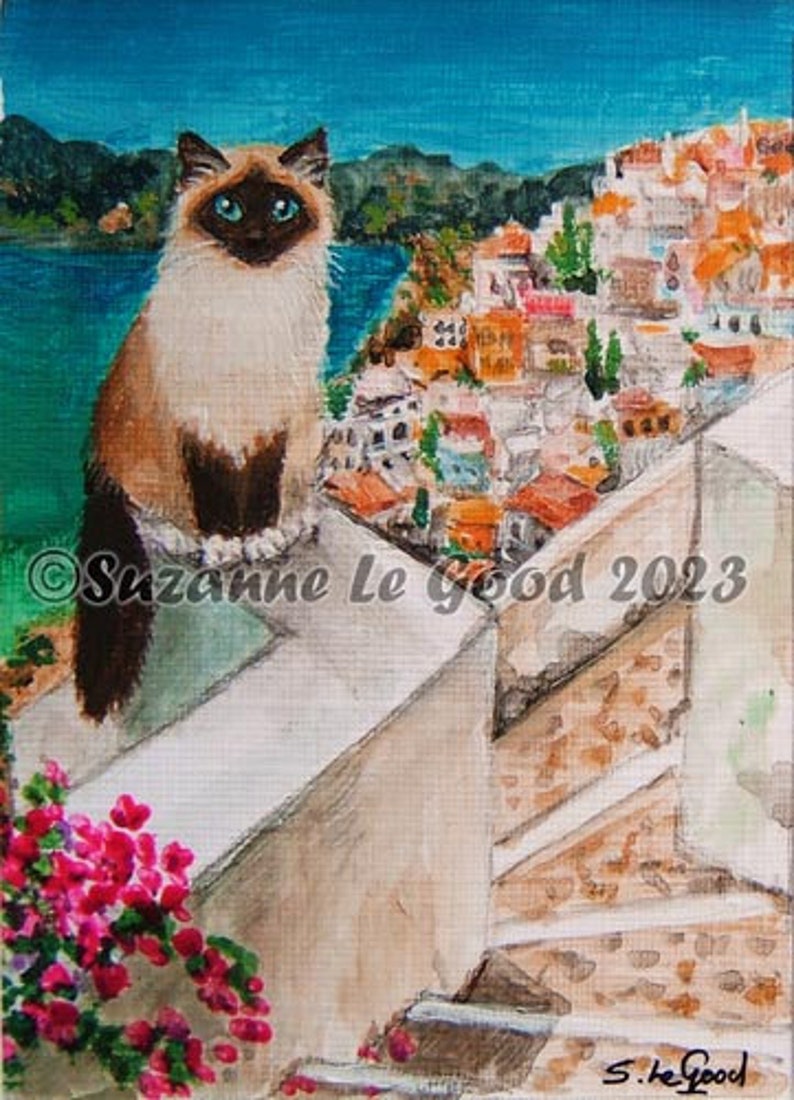 Birman Cat art ACEO Santorini Greece Limited Edition mounted print from original painting by Suzanne Le Good image 4