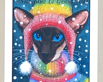 Siamese cat art painting Christmas Cards pack of 6  original design sealpoint snow exclusive by Suzanne Le Good