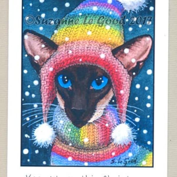 Siamese kat kunst schilderij kerstkaarten pakket van 6 originele design sealpoint sneeuw exclusief door Suzanne Le Good