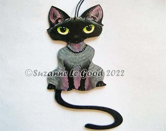 Devon Rex Cat art hanging plaque painting sign black smoke figurine original hand painted by Suzanne Le Good