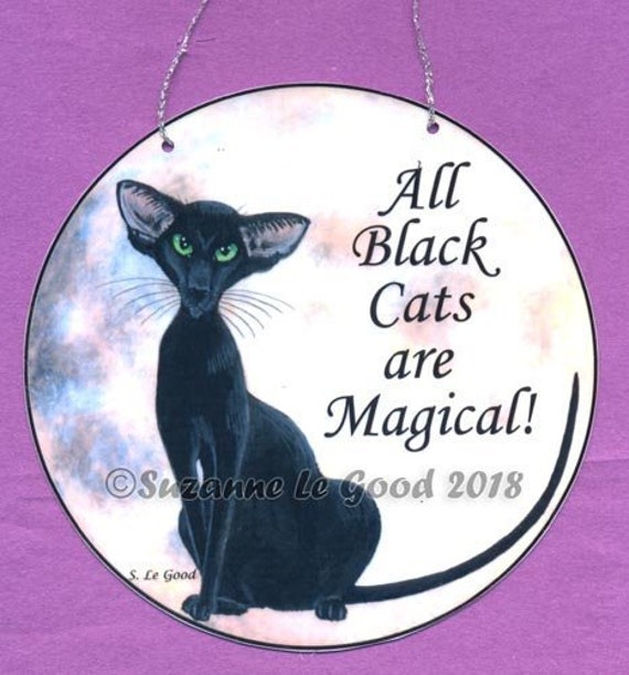 Oriental cat, black, hanging sign, magic, from original painting design, laminated card by English artist Suzanne Le Good