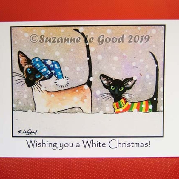 Siamese Kat kunst schilderen kerstkaarten, vakantiekaarten, sneeuw, Oosterse Kat, 6 pack origineel ontwerp door Suzanne Le Good