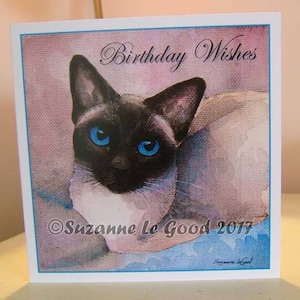 Chat siamois Style ancien, pomme, traditionnel, peinture d’art carte d’anniversaire de peinture originale de l’artiste anglaise Suzanne Le Good
