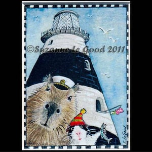 COCHON D’INDE CAPYBARA Carte d’art aceo carte à collectionner phare Édition limitée cavy Petit et grand tirage d’après la peinture originale Suzanne Le Good
