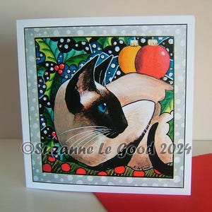 Gatto siamese dipinto d'arte cartolina di Natale scintillante dal dipinto originale dell'artista inglese Suzanne Le Good
