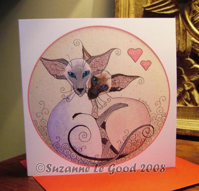 Siamese Cat art painting Valentine's or Birthday card from original painting by English artist Suzanne Le Good image 1