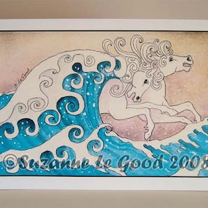 Pferd weiße Kunst Ozean Wellen im japanischen Stil original Design handgemachte Grußkarte von Künstlerin Suzanne Le Good
