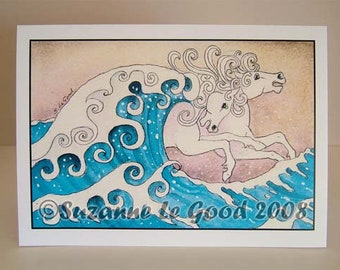 Horse white art ocean waves Japanese style original design hand made greetings card by artist Suzanne Le Good