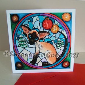 Siamese kat kitten kunst kerstkaart vakantie van origineel schilderij, sprankelende, glitter sneeuwballen door de Engelse kunstenaar Suzanne Le Good