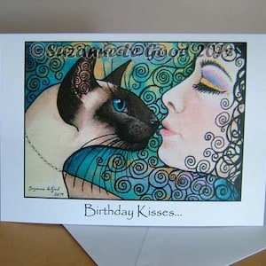 Grande carte d'anniversaire peinture art chat siamois de style Art nouveau carte d'anniversaire faite à la main par l'artiste anglaise Suzanne Le Good